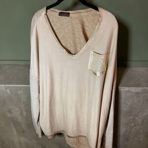 Marisima Made in Italy Beige V-Neck Long Sleeve Top Sequin Pocket One Size
